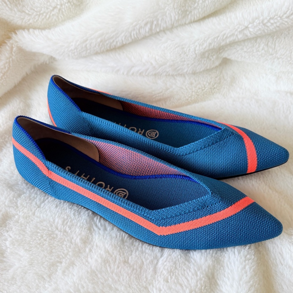 Rothy's The Point Knit Flats - Teal Neon Line Stripe - Retired - Rare - Size 10